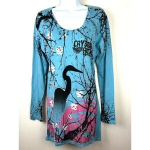 Crystal Rock Christian Audigier Aqua Marine Blue Crane Tunic Shirt Top L NWT